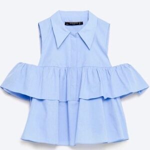 Zara blue ruffle button up off the shoulder top women's Size Small
